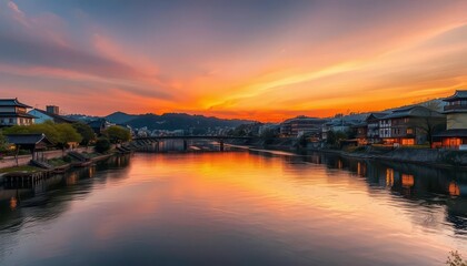 Fototapeta premium Kyoto's Katsura River at sunset, serene water reflecting evening glow, path, landscape