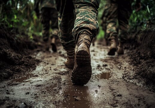 Close-up of soldiers marching through a muddy trail in a dense forest, showcasing their rugged military boots covered in mud