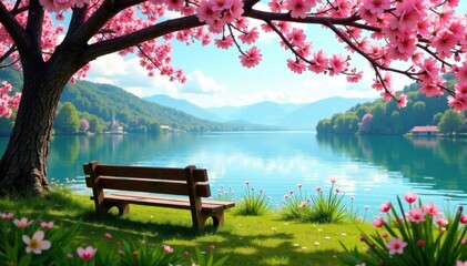 Obraz premium Spring blossoms frame tranquil lake Balaton view from wooden bench , landscape, panorama, colorful