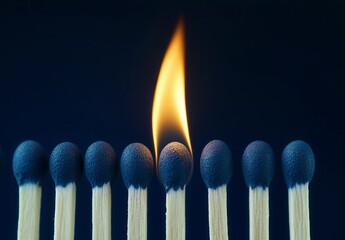 Conceptual close-up image of a row of unlit matchsticks, with one match ignited, standing out brightly against a dark background