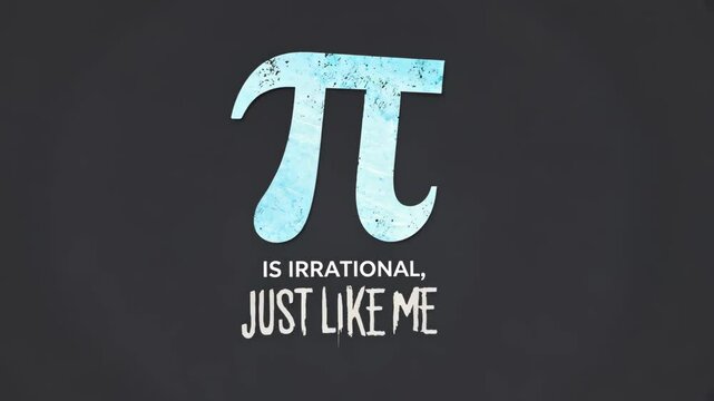 Creative text design featuring a blue pi symbol and the humorous phrase "Pi is irrational, just like me" against a dark backdrop.