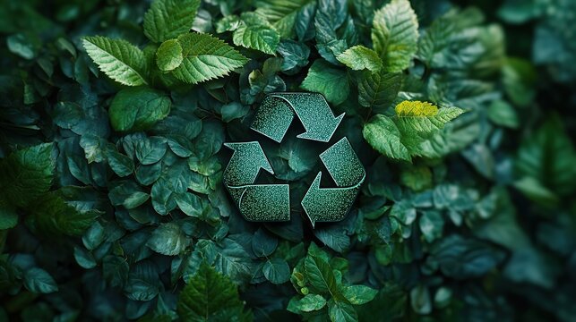 A vibrant green foliage background displays a glowing recycling symbol, promoting eco conscious practices and environmental sustainability for a greener future.