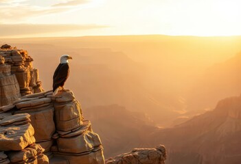 Majestic bald eagle perched atop a cliff overlooking a vast canyon bathed in golden hour light, America, cliff
