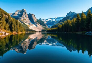 Majestic peaks mirrored in a calm lake, surrounded by vibrant green firs under a clear blue sky, sky, tranquil