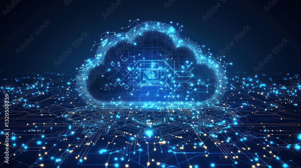 Poster a stylized digital cloud icon represents data storage and processing