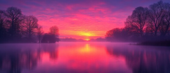 Obraz premium Beautiful Sunrise Over Calm Lake with Soft Pink Hues and Reflection