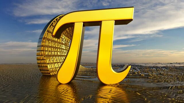 Golden pi symbol with mathematical digits in a futuristic landscape under a blue sky.