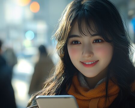 In the bustling cityscape, a radiant young woman extends an olive branch using the power of technology, sending a heartfelt voice message to reconcile with her cherished best friend following a