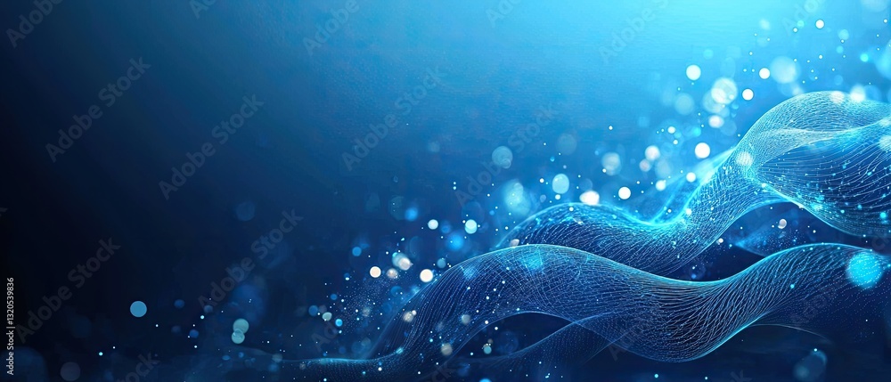 Poster a soothing abstract image featuring flowing blue waves and shimmering light particles.