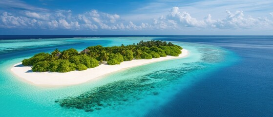 A stunning aerial view of a tropical island surrounded by crystal-clear turquoise waters and lush greenery under a bright blue sky.