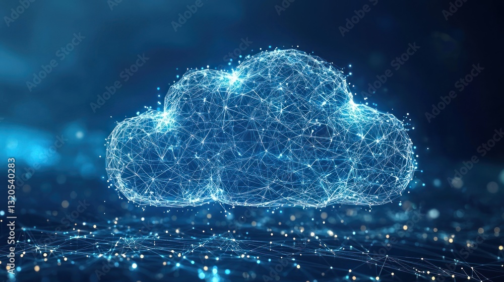 Poster a glowing digital cloud is connected with lines and dots