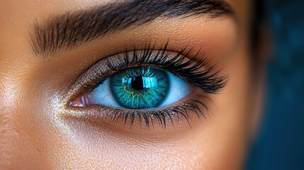 Obraz premium A woman's eye, in extreme close up, shows long dark lashes, a vibrant green iris, and smooth, healthy skin, suggesting beauty, health, and cosmetic enhancements.