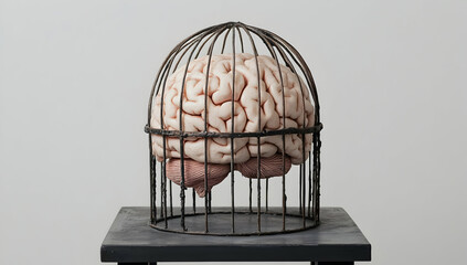 A brain in an iron cage on the table, simple background.