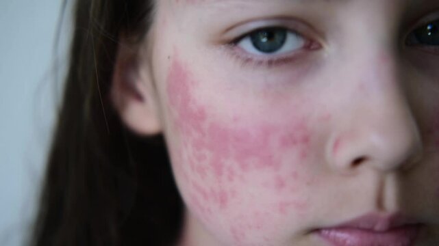 Pimples on the face of a schoolgirl girl. An allergic reaction to the sun, or a food allergy, is manifested by a rash on the cheeks and neck of a child. The video is in 4k format.