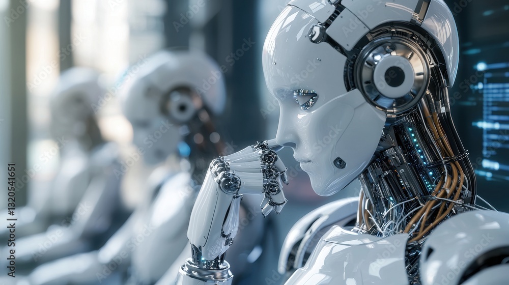 Poster robot with headphones illustrating a digital transformation concept showcasing ai streamlining proce