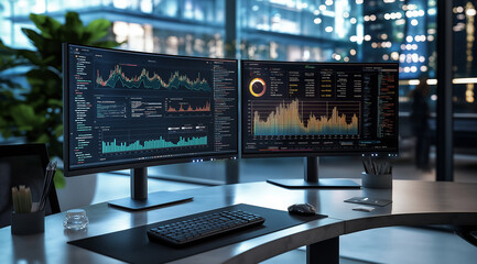 Two monitors with data visualization on the screen in a modern office. One monitor is displaying large, prominent numbers and charts of business performance against a dark backgrou