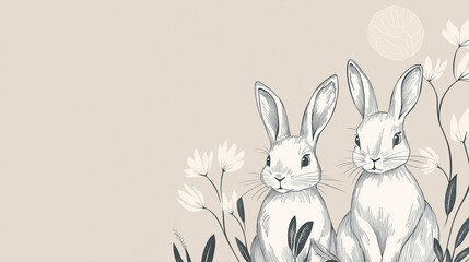 Obraz premium A minimalist line-art Easter illustration featuring stylish monochrome rabbits and sophisticated typography, offering a modern and elegant design for holiday greetings. 