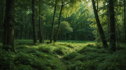 Obraz premium Beautiful forest green color tone and sun light in the forest , nature image.