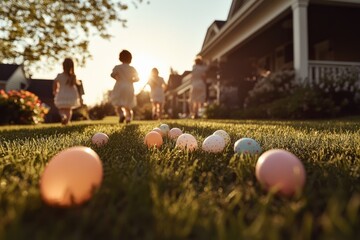 joyful easter morning in suburban american neighborhood where children in pastel-colored outfits excitedly run across
