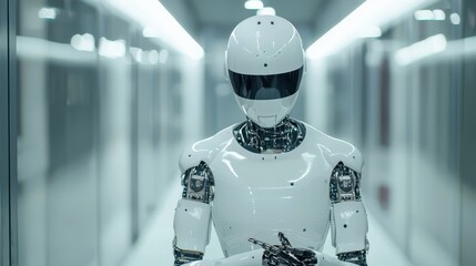 Innovative ai-powered robot assistant navigating a modern hallway with advanced technology and dynamic workflow solutions