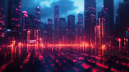 Naklejka premium Abstract cityscape with arrows, financial growth and data visualizations.