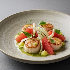 Scallop and Citrus salad with grapefruit, fennel, and yuzu dressing for summer menus, healthy eating, and fine dining experiences