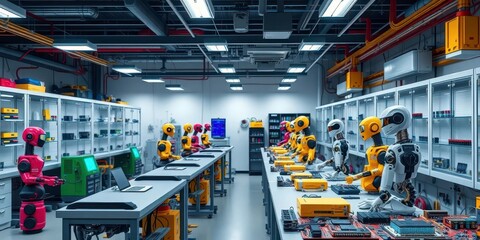Naklejka premium Robotics lab with colorful robots and circuit boards, tools, robotics