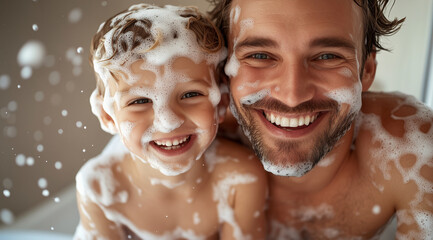 Close-up photo of a happy father and son covered in soap foam after washing, smiling at the camera, with a bathroom background.