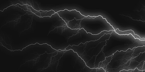 Thunder, lightnings and rain on a stormy summer night in black and white. Lightning bolts in the sky at night. 
