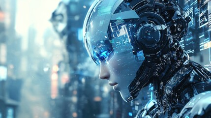 Futuristic robot assistant navigating through a bustling urban environment with high-tech architecture and neon lights