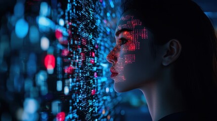 Focused woman analyzing a wall of advanced data displays in a high-tech environment with digital information flow