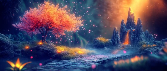 Fototapeta premium Delicate Cherry Blossom Tree in Full Bloom Surrounded by Dreamy Landscape