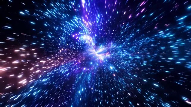 Colorful galactic explosion with bright nebula clouds and cosmic particles spreading in deep space