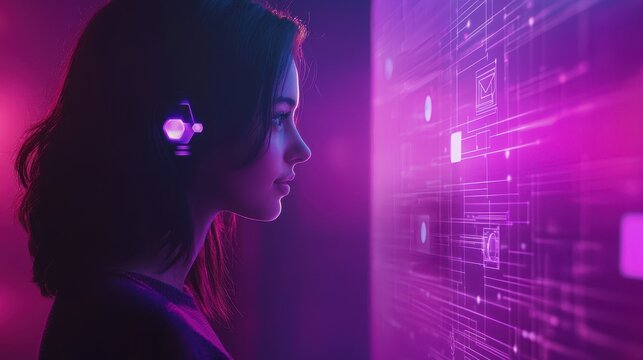 Woman analyzing wall of data representing the impact of ai-powered social media assistance on digital strategies