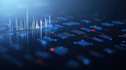 Expansive futuristic city skyline filled with numerous buildings and stock market graphs depicting financial trends