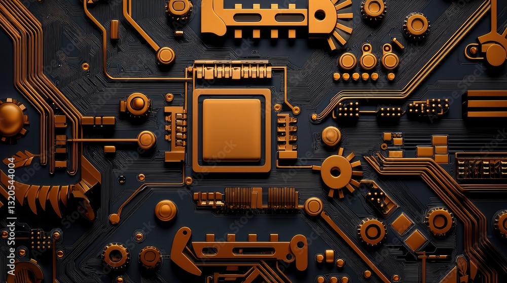 Poster exploring advanced circuit design technology hub digital artwork urban environment close-up view inn