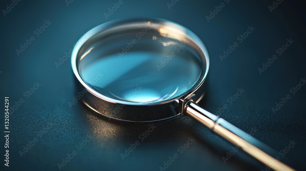 Poster magnifying glass resting on a table as a symbol of inquiry and exploration in a modern context of di