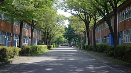 Residential street lined with trees and buildings