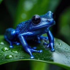 Obraz premium Vibrant blue poison dart frog perched on a dewy green leaf in a lush rainforest.