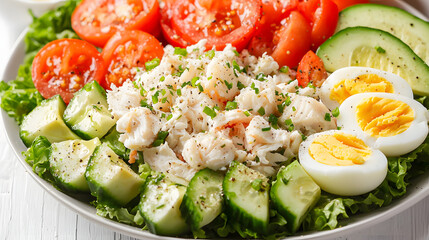 Freshly Prepared Crab Louie Salad with Vibrant Vegetables and Creamy Egg Slices