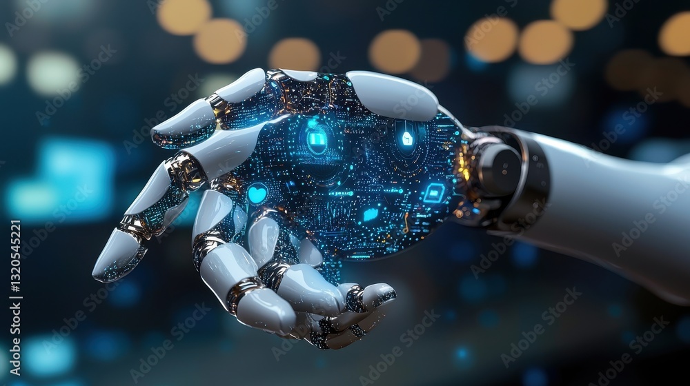 Aufkleber robotic hand grasping a small blue and white robot symbolizing advanced ai technology and automation