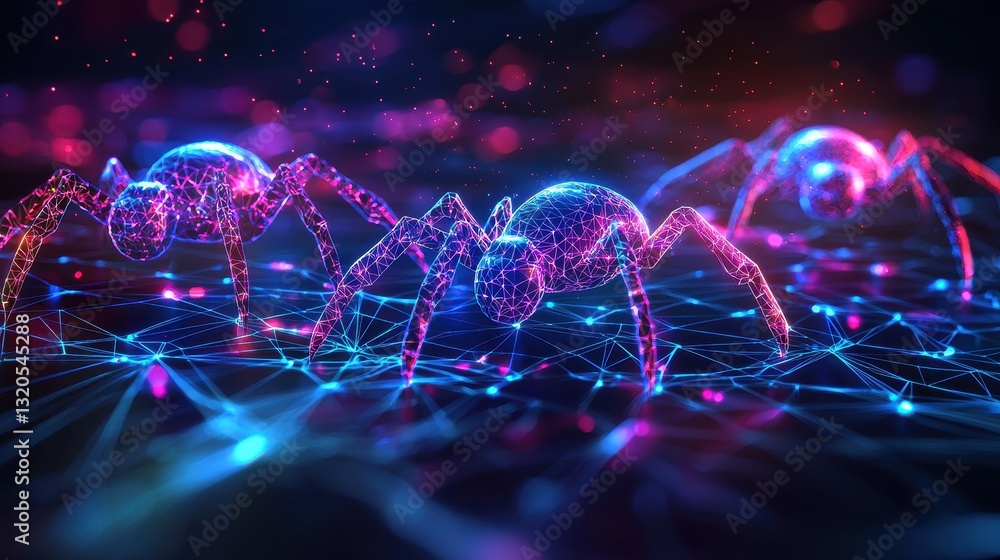 Poster a stunning spider with a glowing background symbolizing googlebot crawling through the digital web l