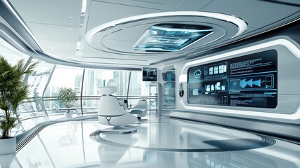 Futuristic office space featuring large screen display and ai assistants planning for enhanced productivity