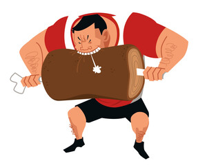 肉にかぶりつく男性