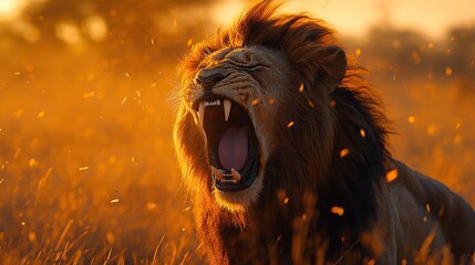 African savanna, male lion roaring fiercely, dust swirling, powerful teeth and mane dramatic wildlife scene close up.