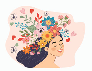 illustration of portrait of a Happy lady with flowers inside.