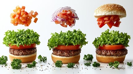 Against a clean white background, floating burger ingredients buns, lettuce, tomato, onion, and meat create a dynamic composition.