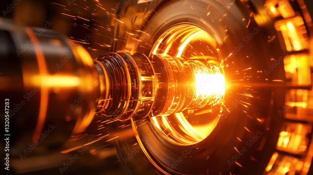 Poster high-speed workflow engine featuring a metal tube with sparks indicating advanced processing in a dy