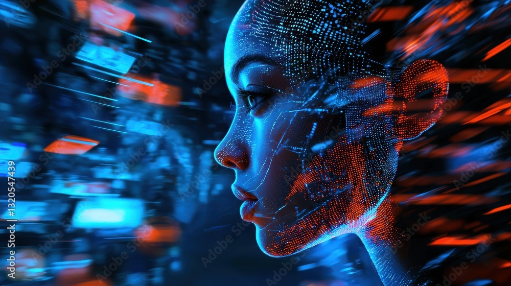 Poster portrait of a woman with futuristic background symbolizing high-tech ai assistant for email optimiza