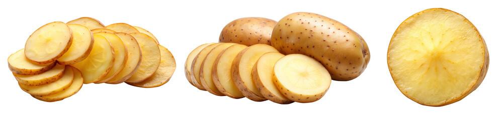 Closeup view of sliced and whole yellow potatoes isolated on white background showing texture and color details